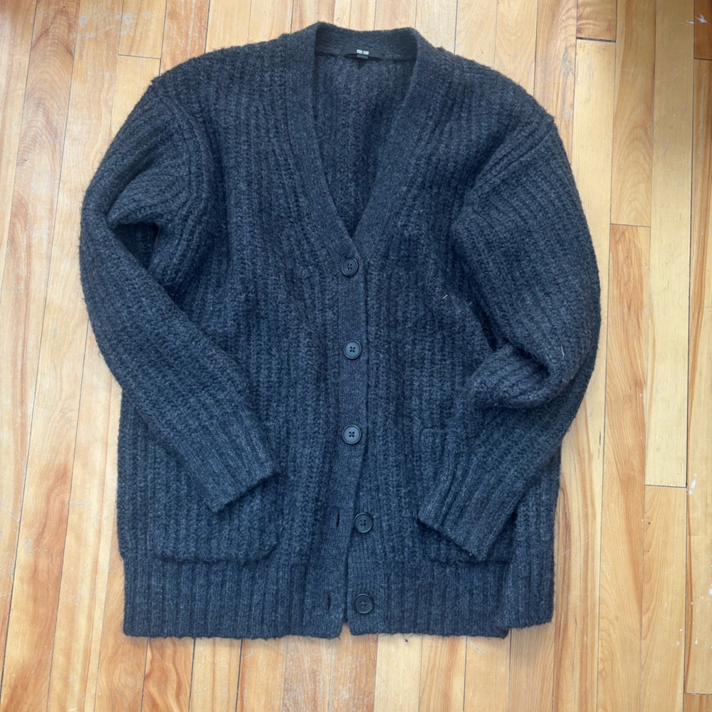 Black Ribbed wool blend Cardigan Sweater